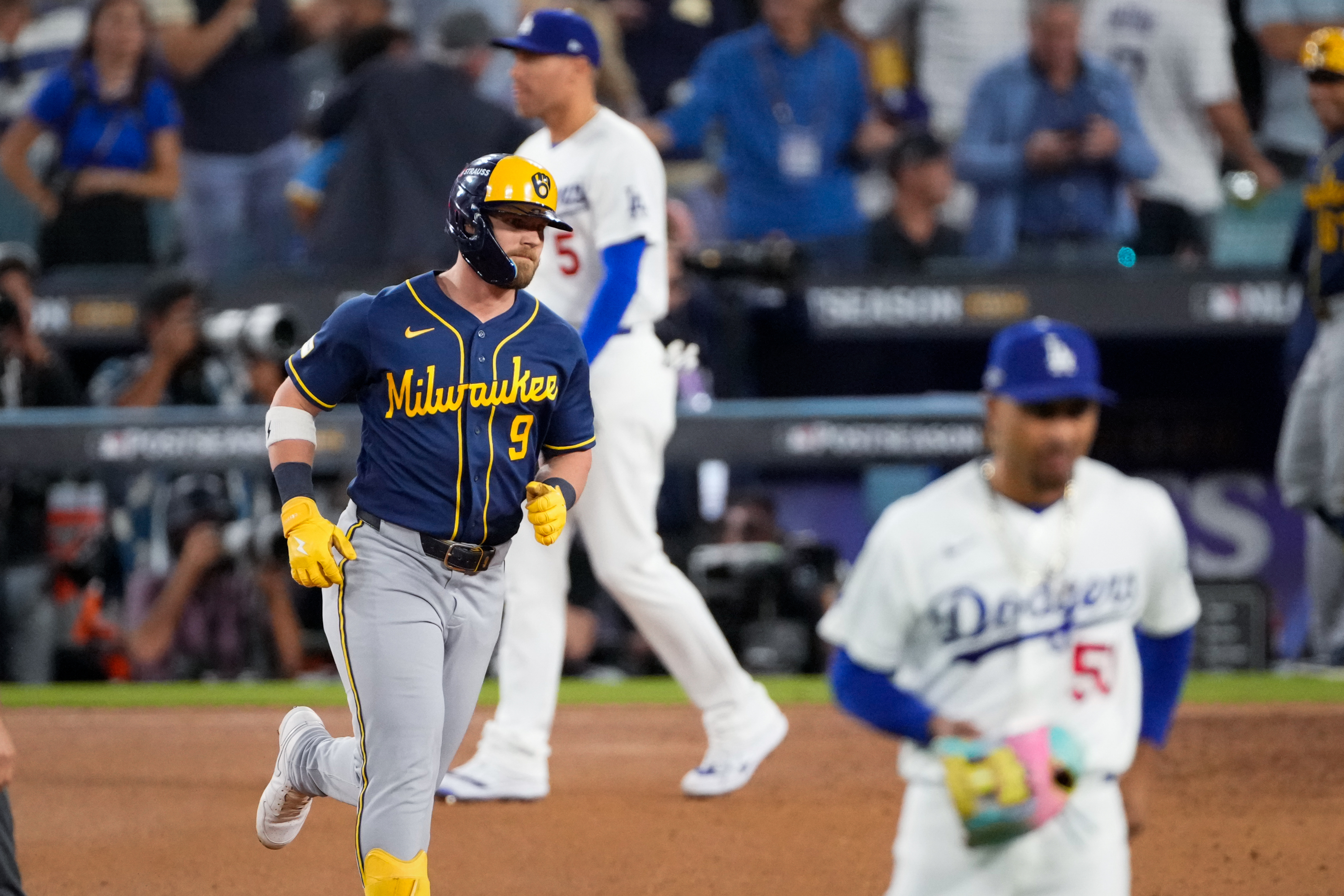 Milwaukee Brewers first baseman Jake Bauers (9) rounds the bases after hitting a two RBI home run during the seventh inning of Game 3 of baseball's National League Championship Series between the Milwaukee Brewers and the Los Angeles Dodgers, Wednesday, Oct. 14, 2026, in Los Angeles. (AP Photo/Mark J. Terrill) Mark J. Terrill