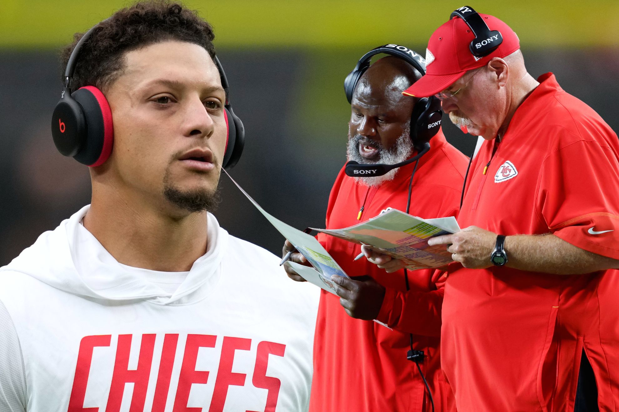 Patrick Mahomes alongside Andy Reid and Eric Bieniemy