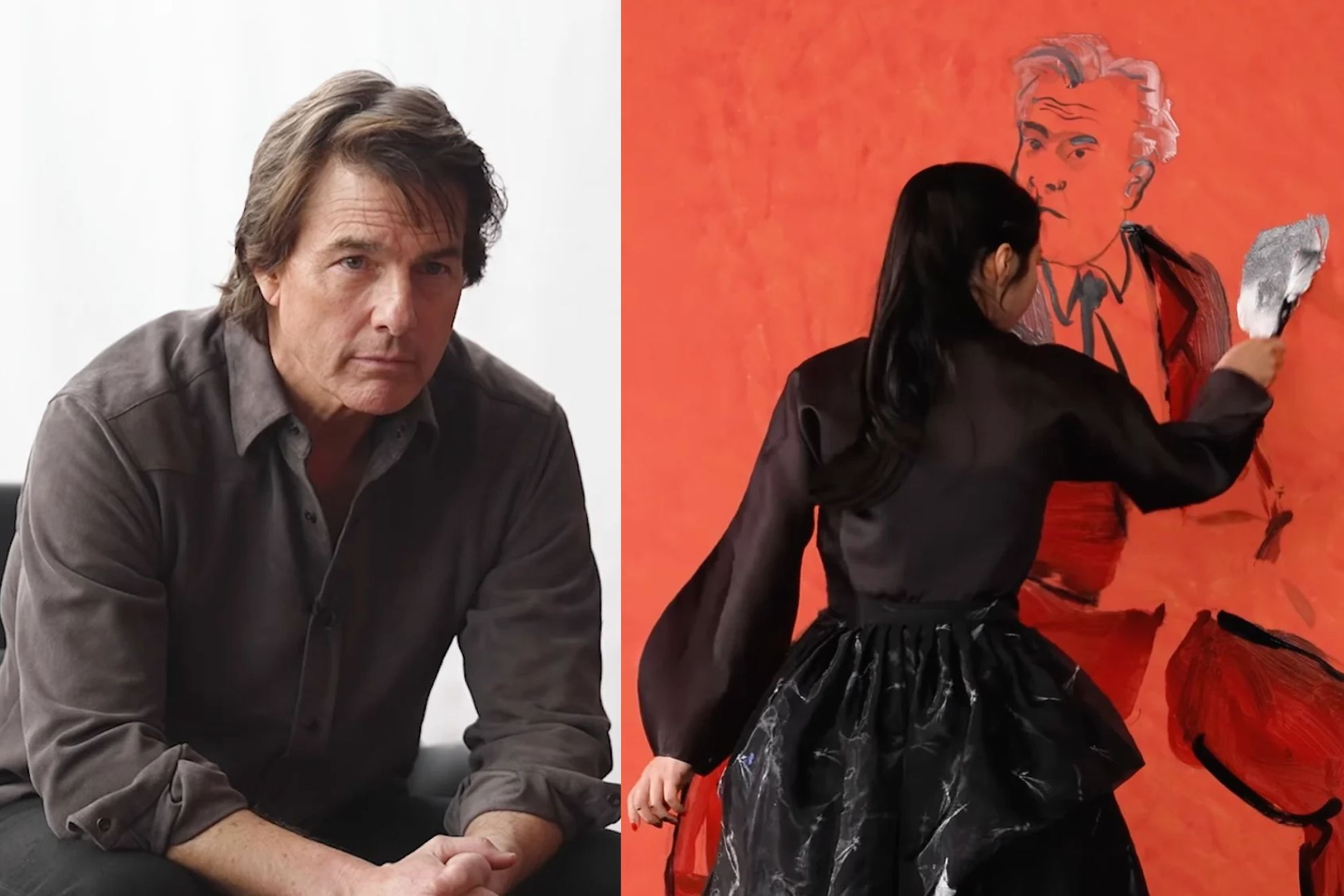 Tom Cruise watches as Korean calligraphy artist Kim So-young