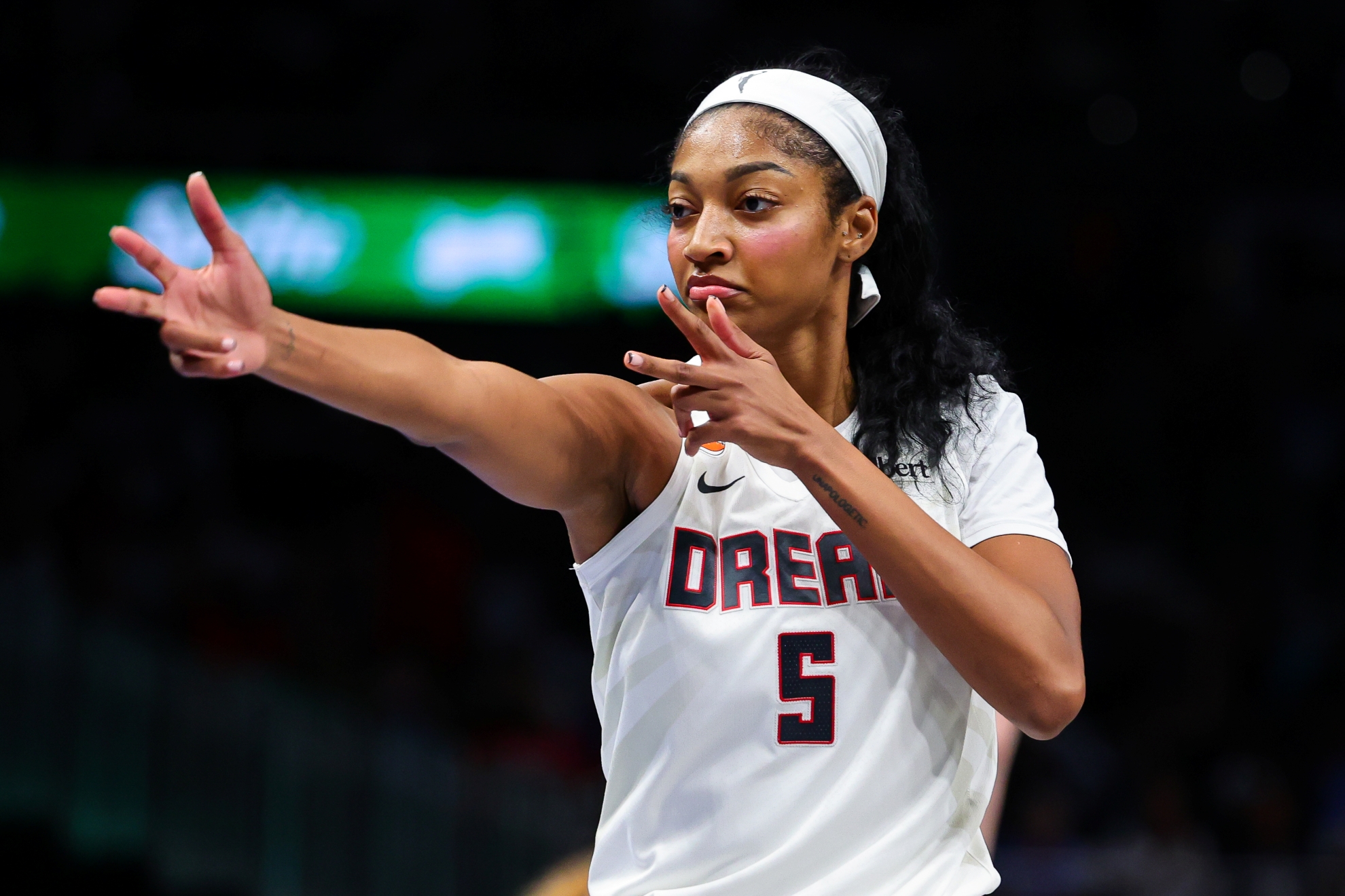 Atlanta Dream forward Angel Reese (5) reacts during Game 1 of the WNBA semifinals against the New York Liberty