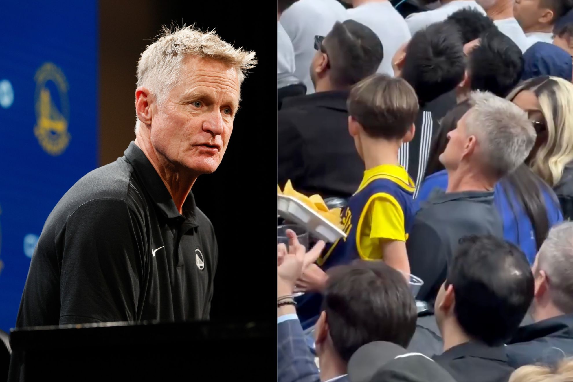 Steve Kerr can’t believe what he’s seeing / Steve Kerr’s doppelgänger takes a seat behind the real coach