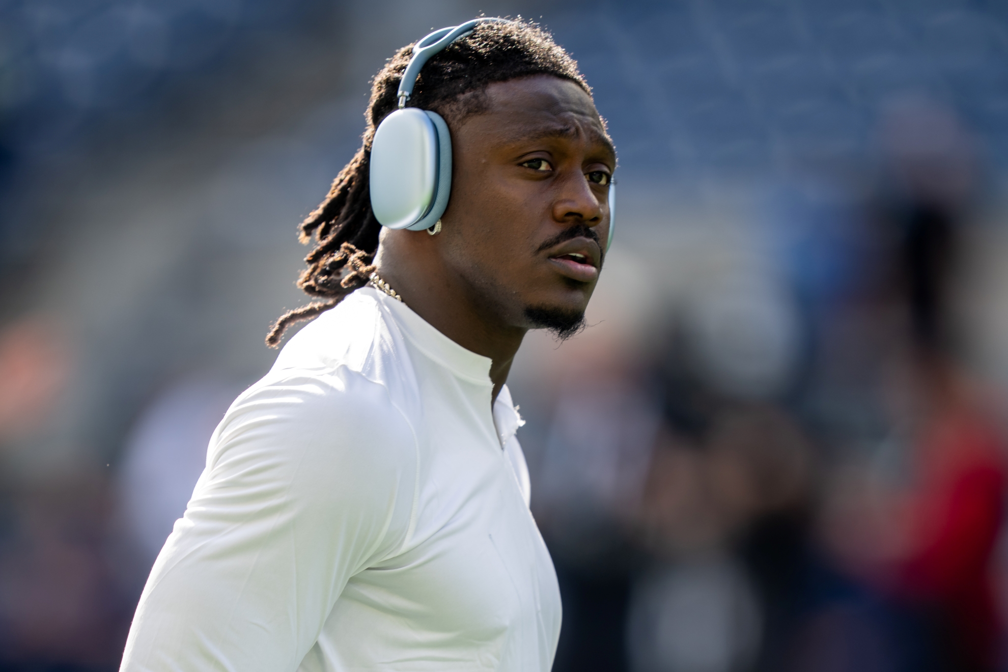 New England Patriots wide receiver A.J. Brown looks on during warmups before an NFL football game