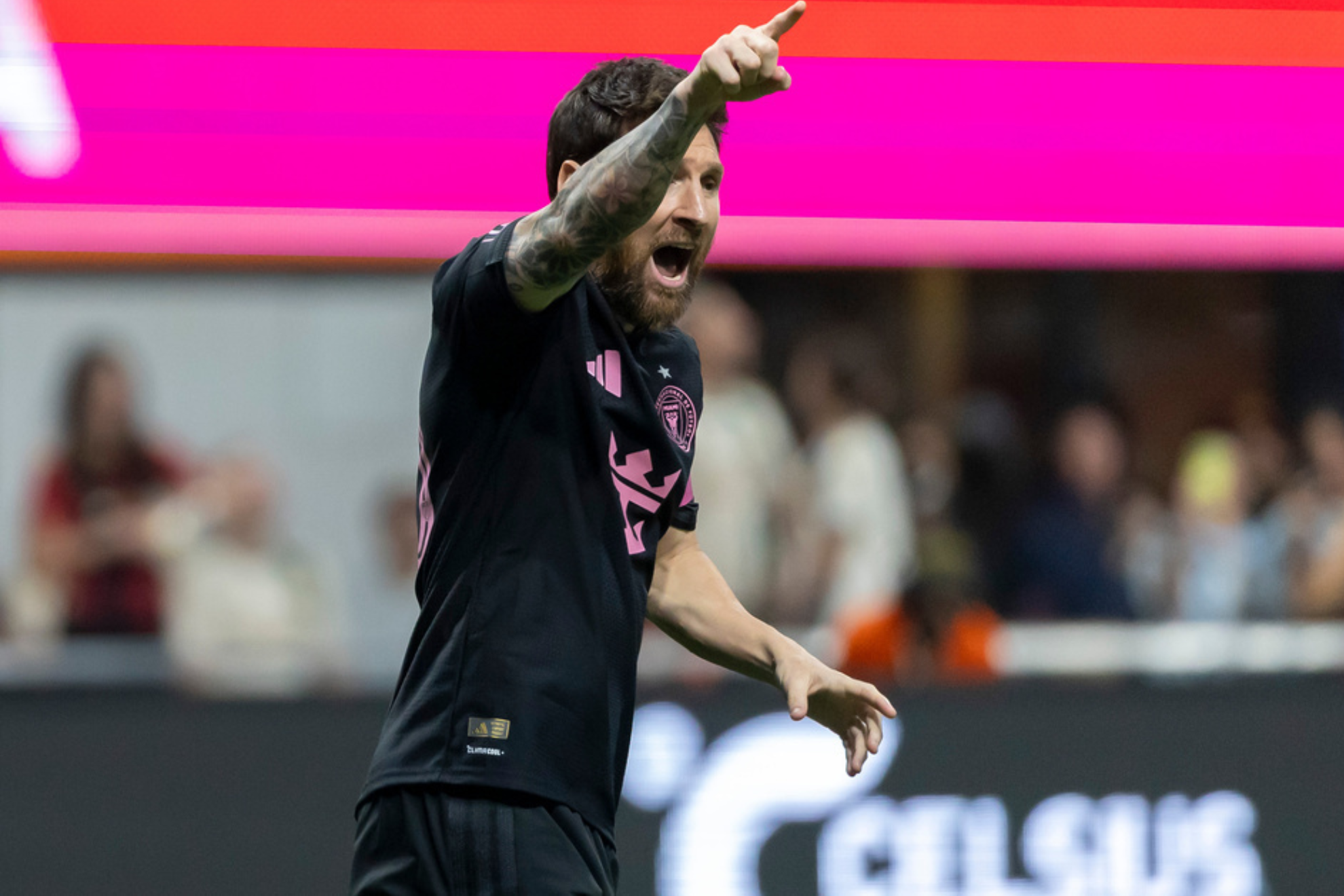 Lionel Messi celebrates after scoring one of two goals against Atlanta United in Inter Miami's 3-1 win. LAPRESSE