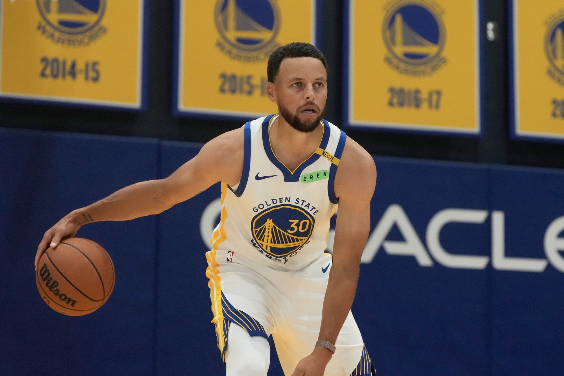 Golden State Warriors guard Stephen Curry poses for photos during the NBA basketball team's media day, Monday, Sept. 28, 2026, in San Francisco.