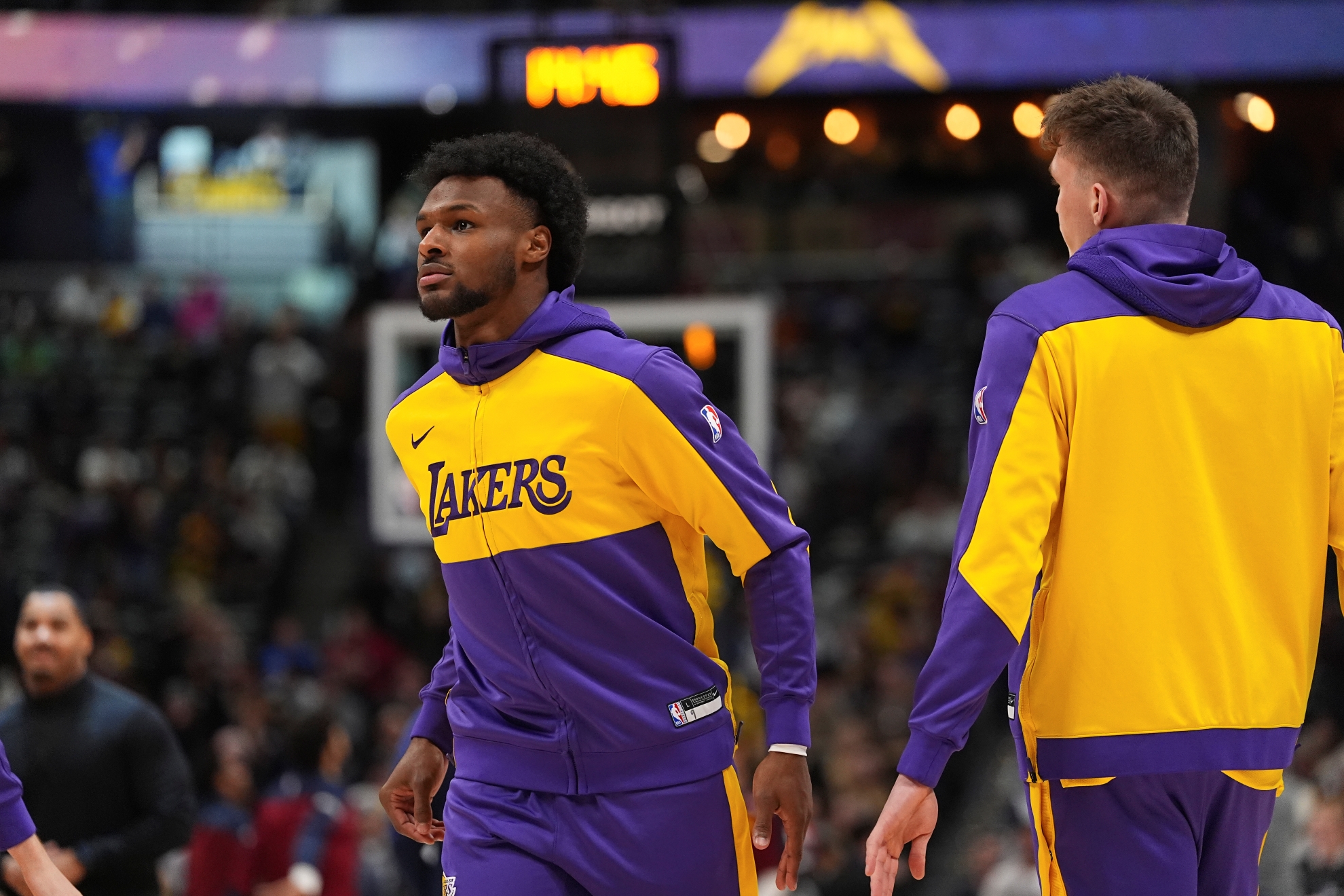 Los Angeles Lakers guards Bronny James (9) and Dalton Knecht (4) in the first half of an NBA basketball game.