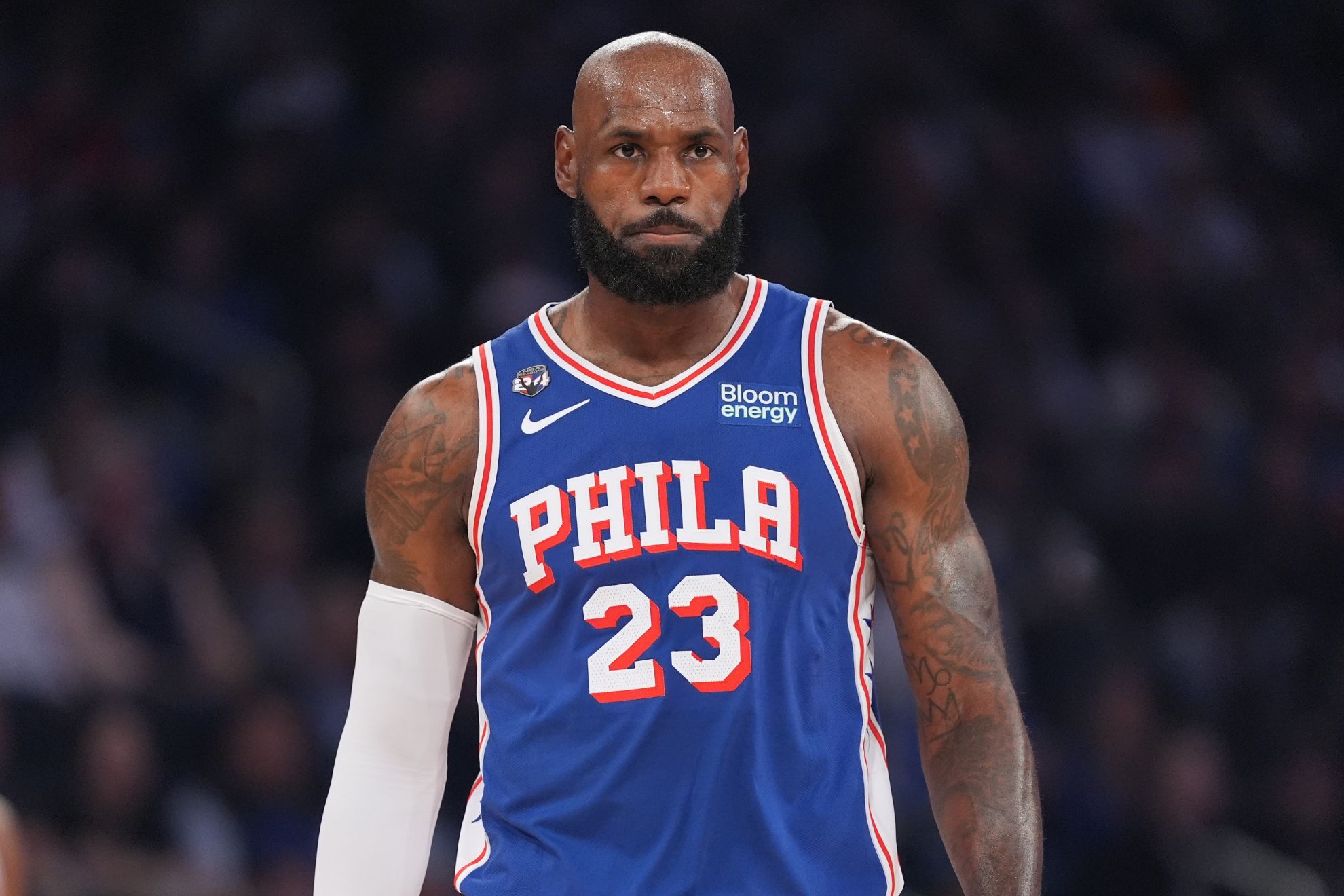 Philadelphia 76ers forward LeBron James looks on during the first half of an NBA basketball game against the New York Knicks Tuesday, Oct. 20, 2026, in New York