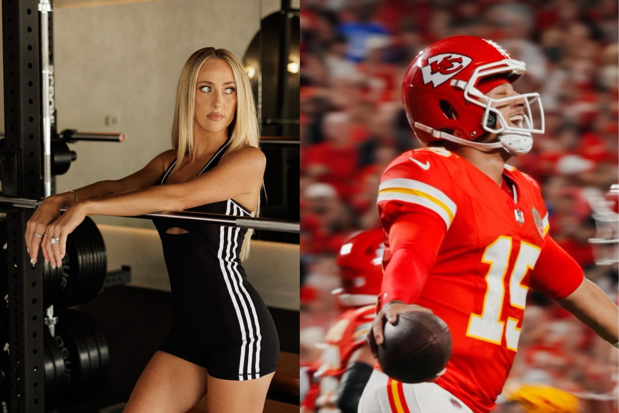 Brittany Mahomes looks serious as she takes a break from her workout routine / Patrick Mahomes celebrates a touchdown