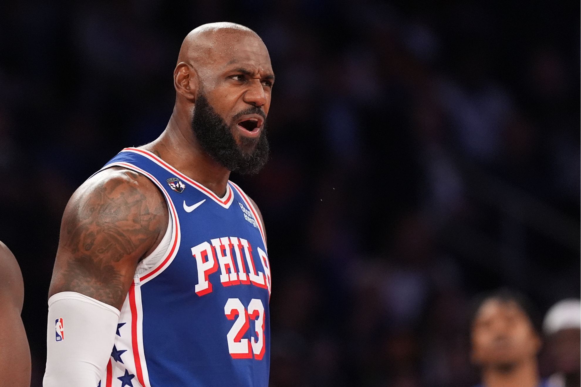 Philadelphia 76ers forward LeBron James yells during the second half of an NBA basketball game against the New York Knicks