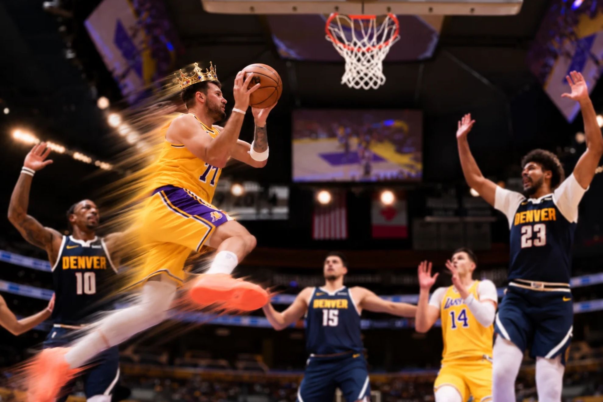 Luka Doncic rises toward the basket in an edited image that crowns the Lakers star