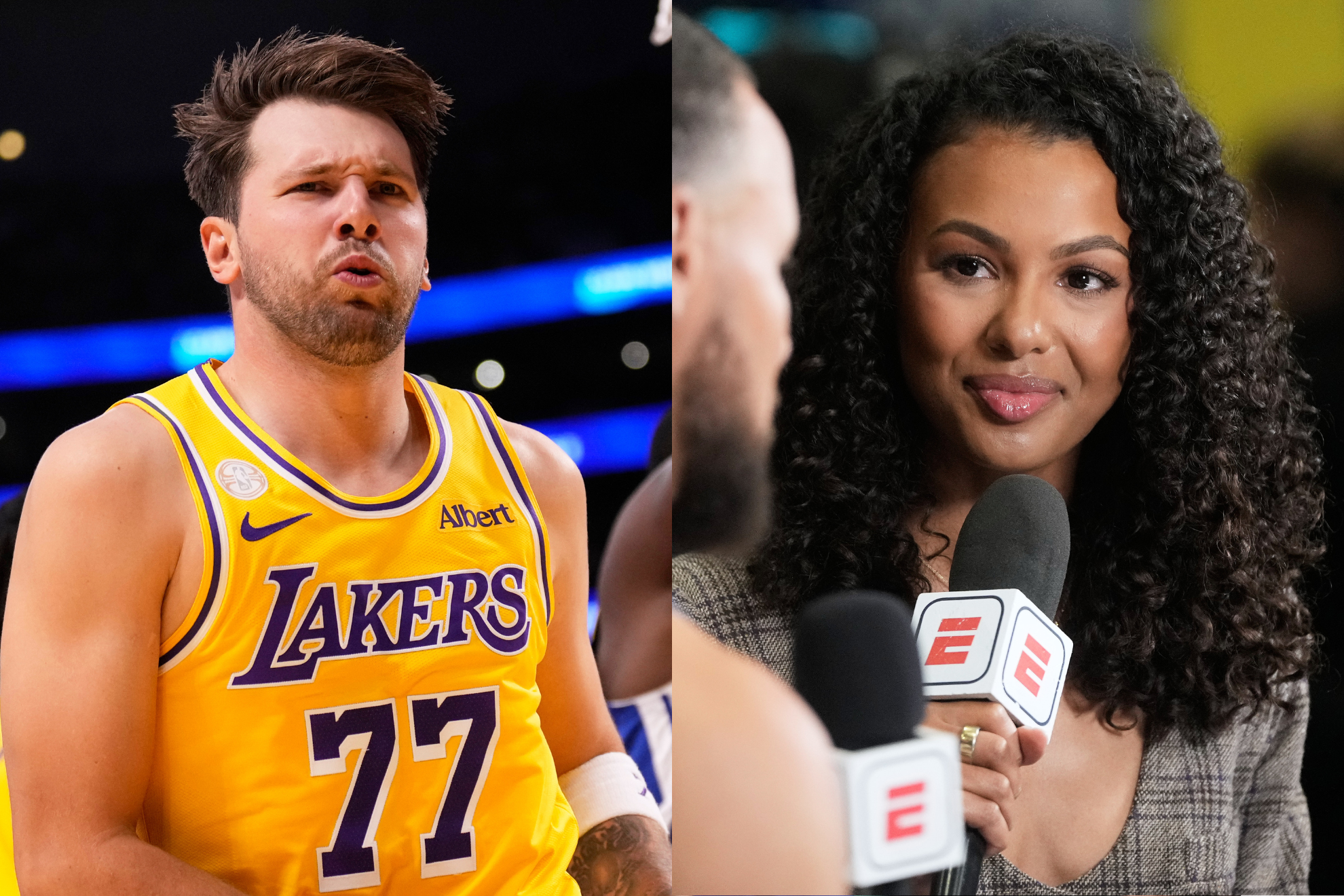 Luka Doncic was interviewed by Malika Andrews after the Los Angeles Lakers' season opening win over the Golden State Warriors.