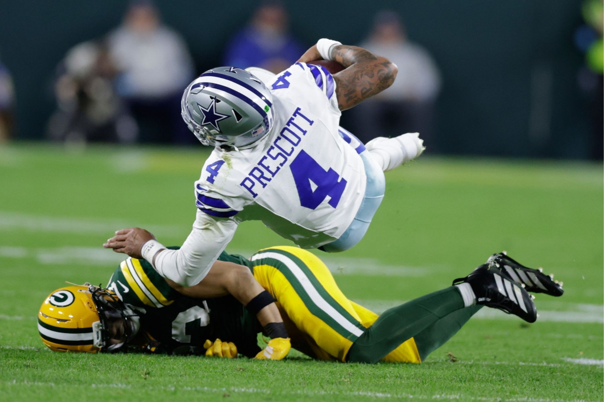 Dallas Cowboys' Dak Prescott is sacked by the Green Bay Packers