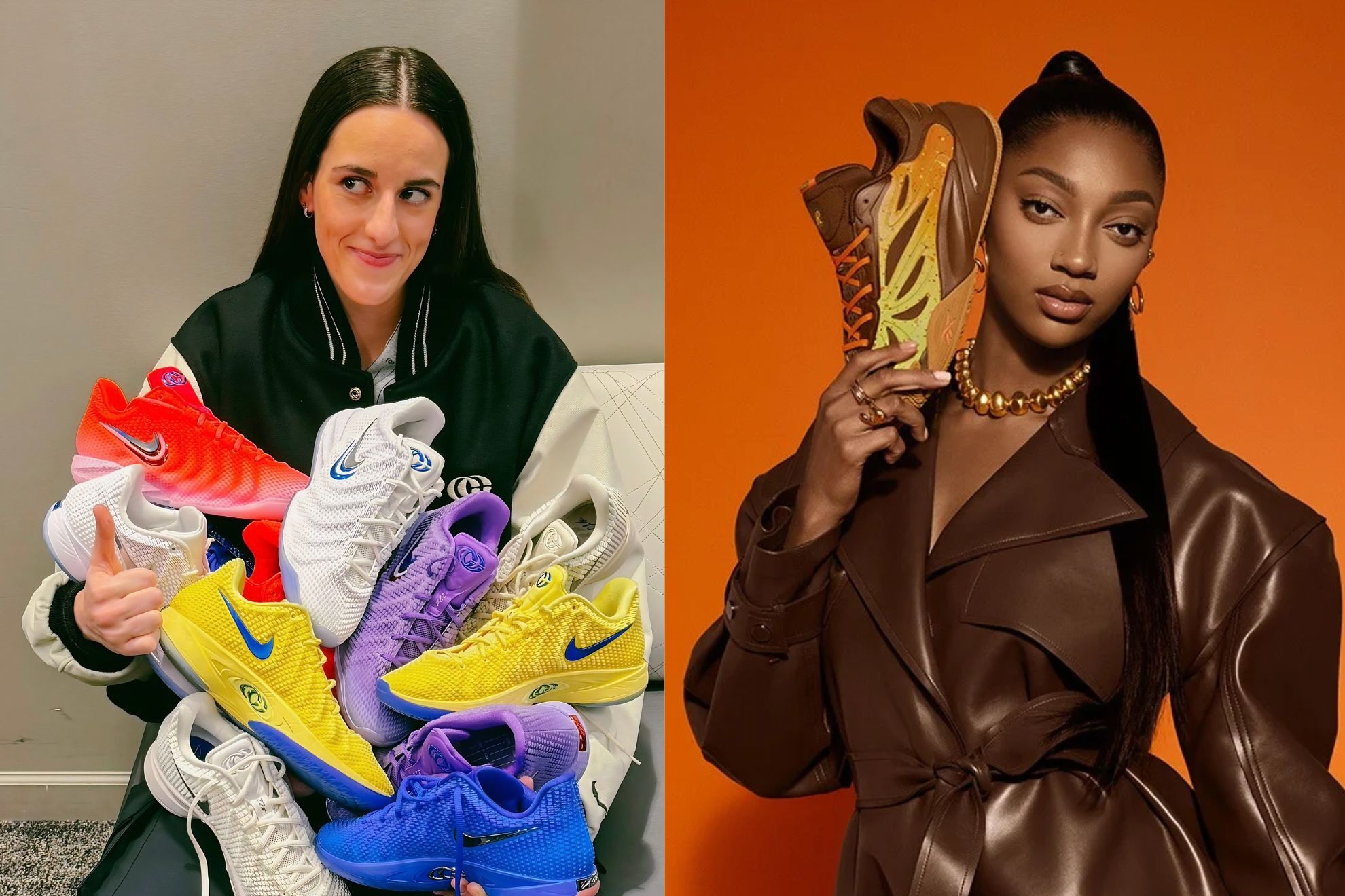 Caitlin Clark carries several styles of her Nike sneakers / Angel Reese poses with her latest signature shoes in hand