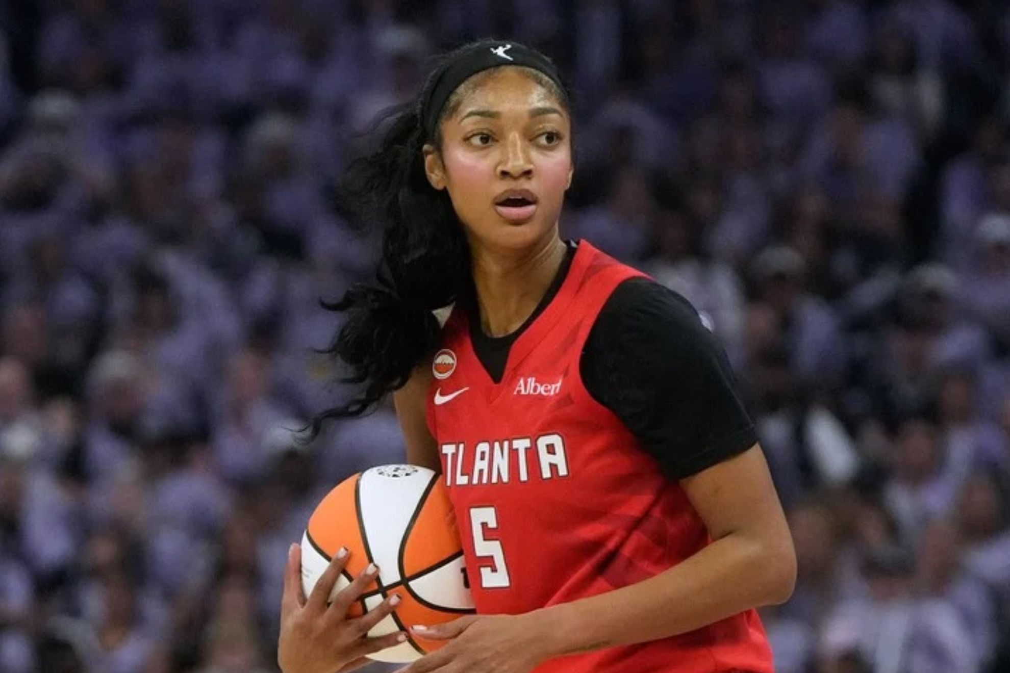 Atlanta Dream forward Angel Reese during Game 1 of the WNBA basketball finals against the Golden State Valkyries, Saturday, Oct. 17, 2026, in San Francisco. (AP Photo/Jeff Chiu)