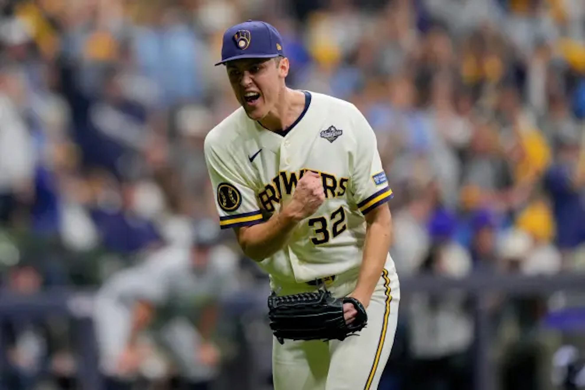 Misiorowski celebrates a run during the Brewers-Rays game.