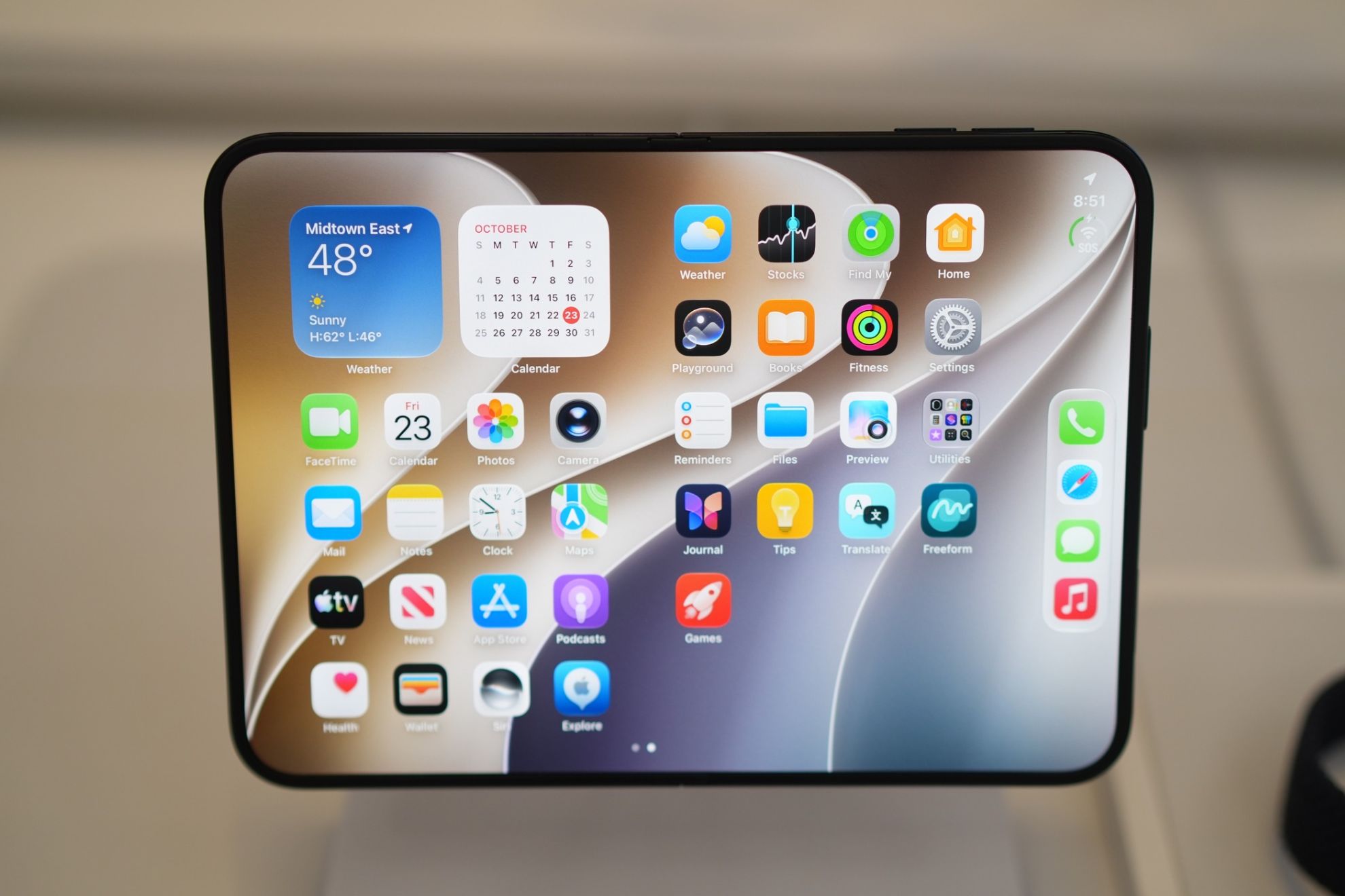 The newly-launched iPhone Duo is displayed at the Apple store on Fifth Avenue in New York, Friday, Oct. 23, 2026. (AP Photo/Ryan Murphy)