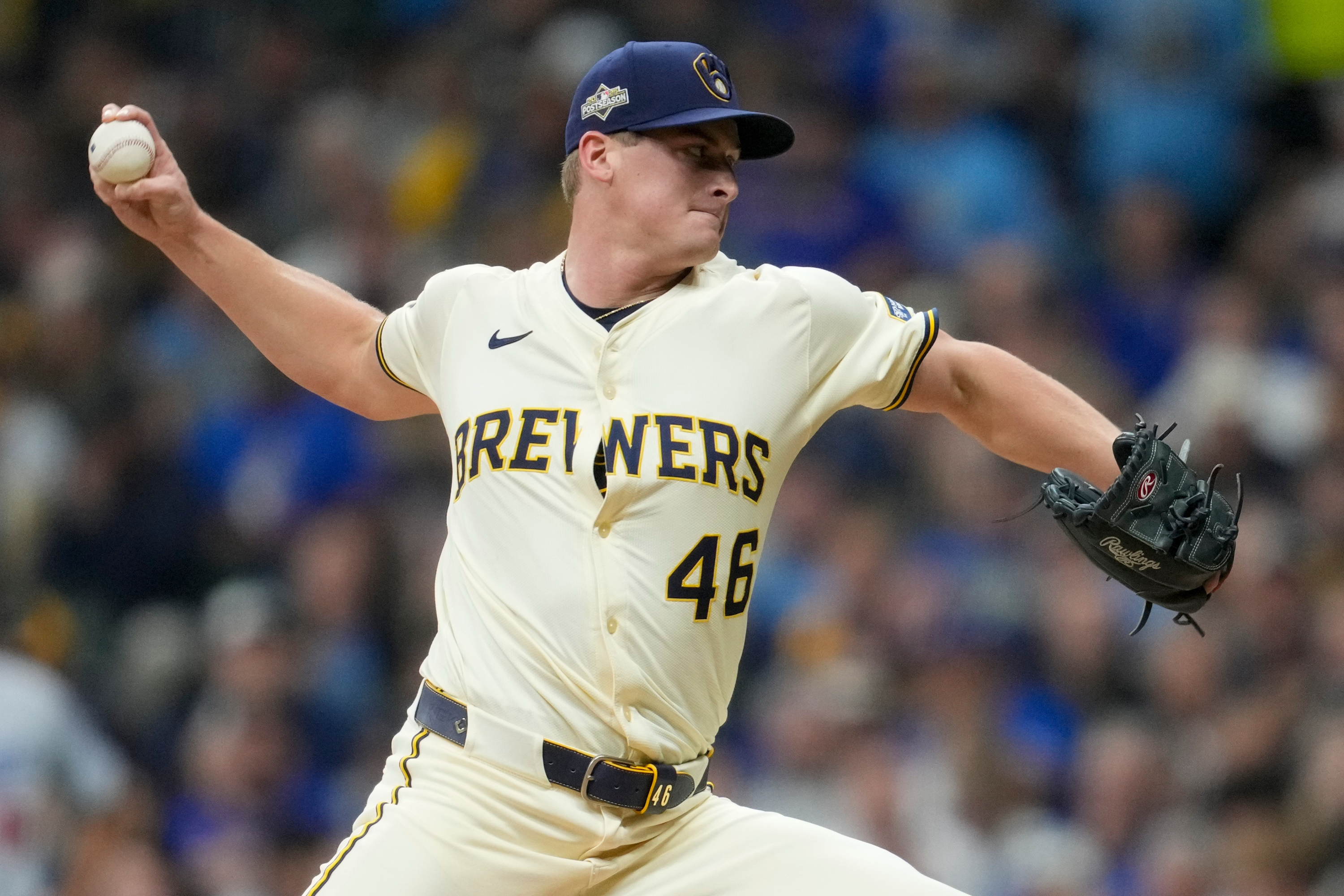 FILE - Milwaukee Brewers pitcher Quinn Priester throws against the Los Angeles Dodgers during the second inning in Game 1 of baseball's National League Championship Series, Oct. 13, 2025, in Milwaukee. (AP Photo/Ashley Landis, File) Ashley Landis
