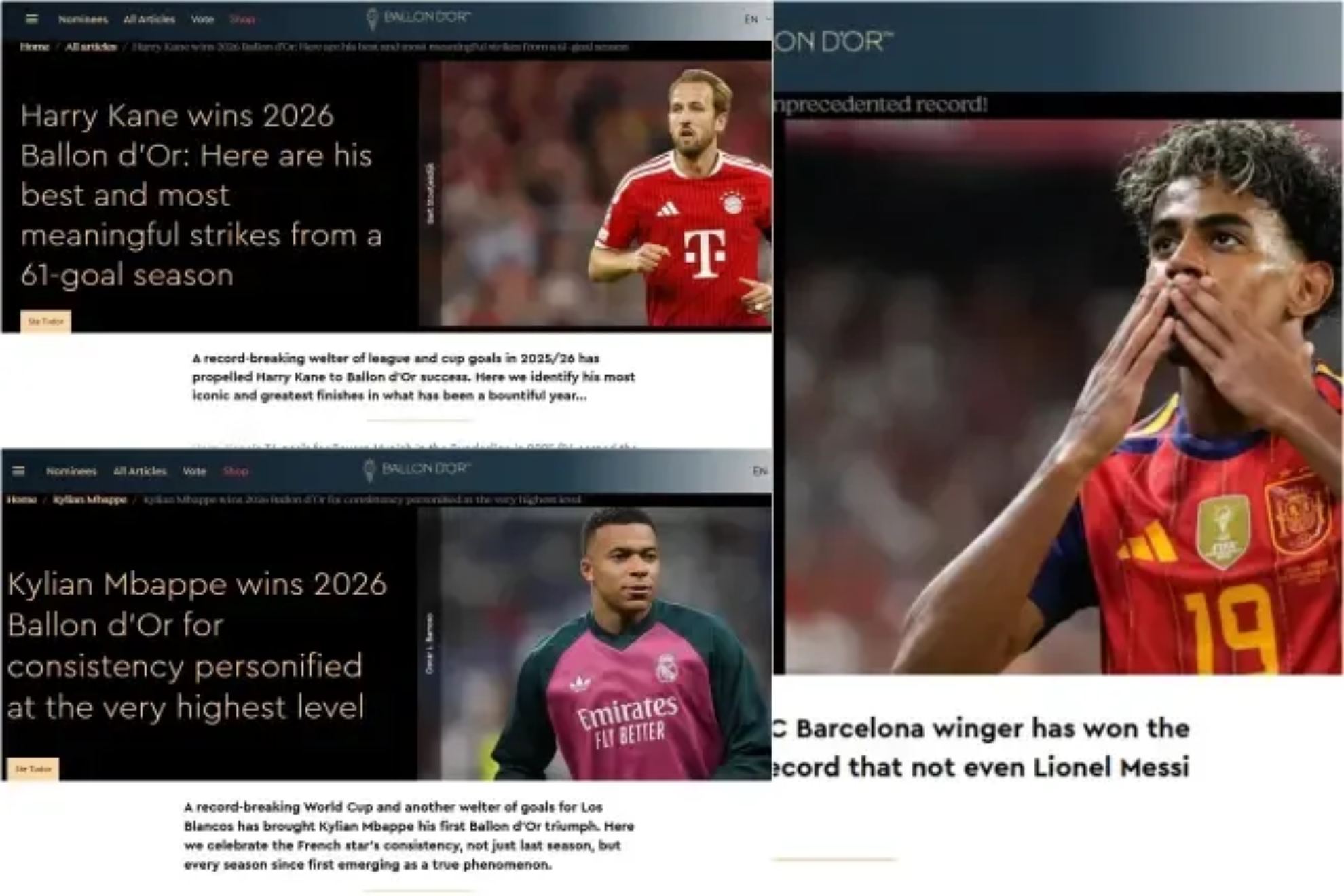 The official website failed to report that Lamine, Mbappé, and Kane were the winners