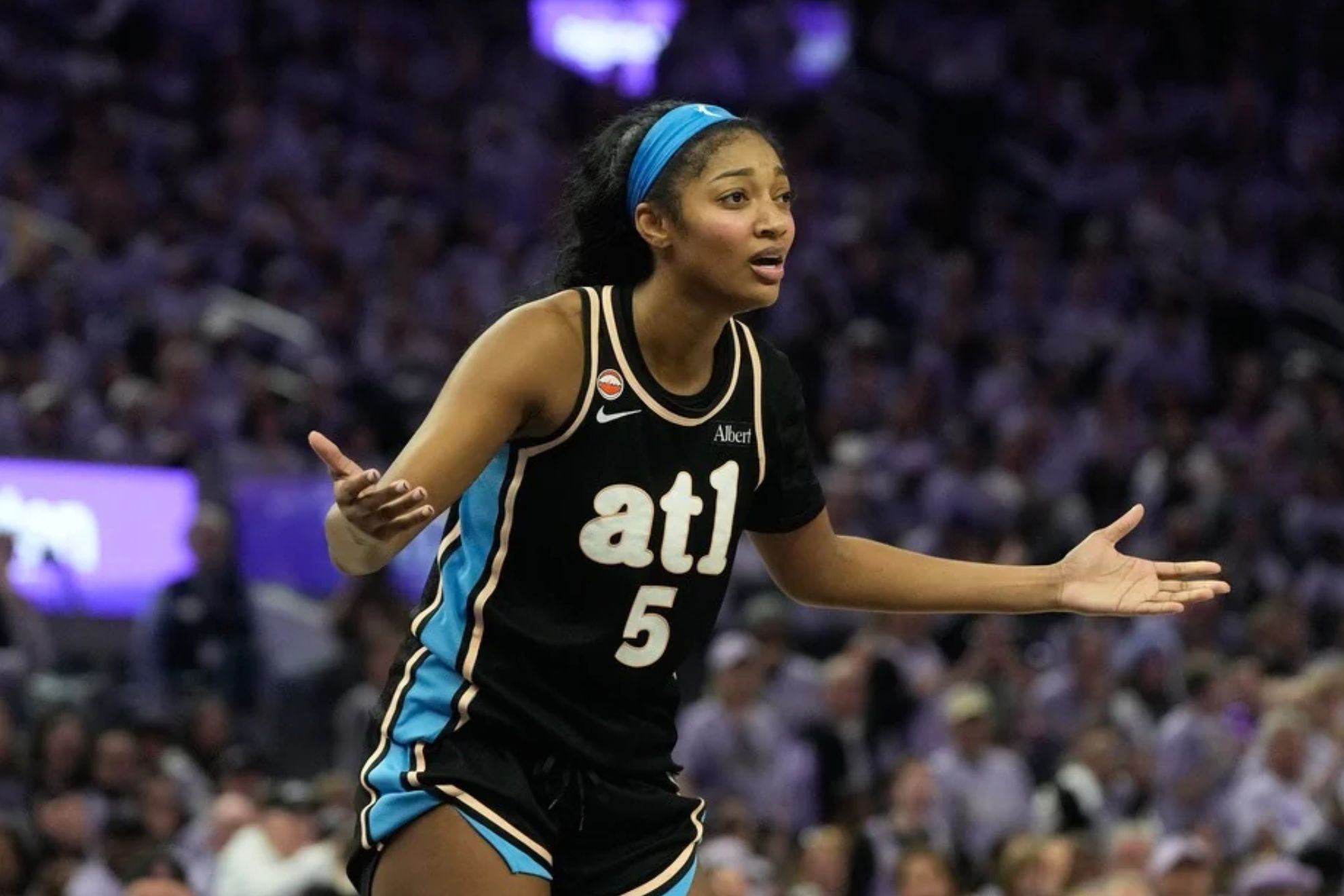 Atlanta Dream forward Angel Reese (5) reacts after being called for a foul during the second half of Game 5 of the WNBA basketball finals against the Golden State Valkyries, Monday, Oct. 26, 2026, in San Francisco. (AP Photo/Jeff Chiu)