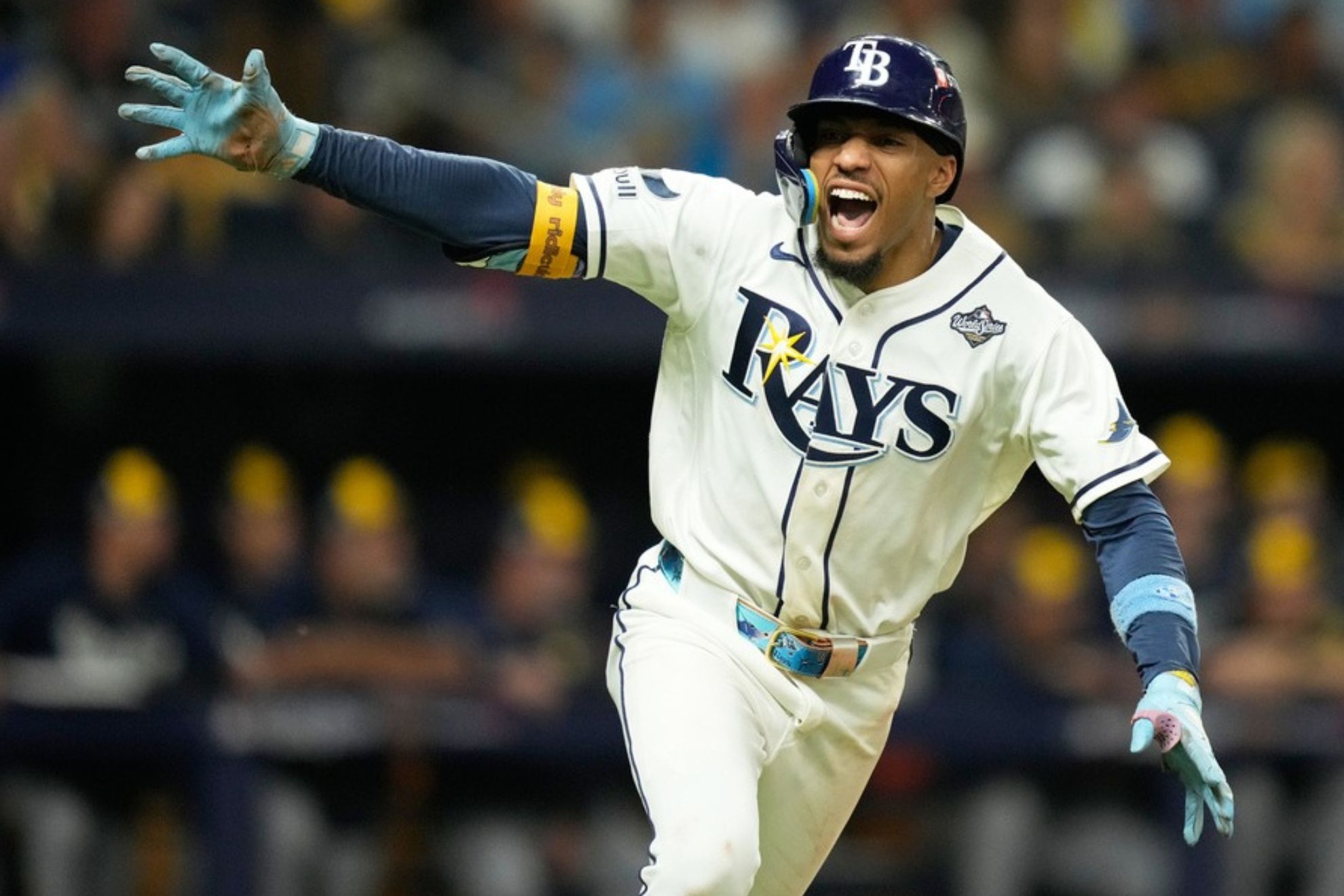 Tampa Bay Rays' Chandler Simpson celebrates during the 12th inning of Game 4 of baseball's World Series