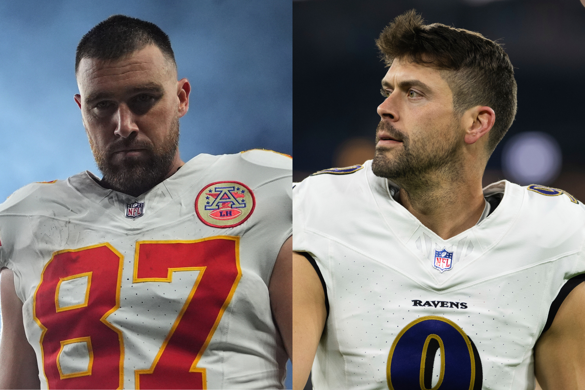 Travis Kelce (left) and Justin Tucker (right) once had a heated on-field moment while the latter was with the Baltimore Ravens. LAPRESSE