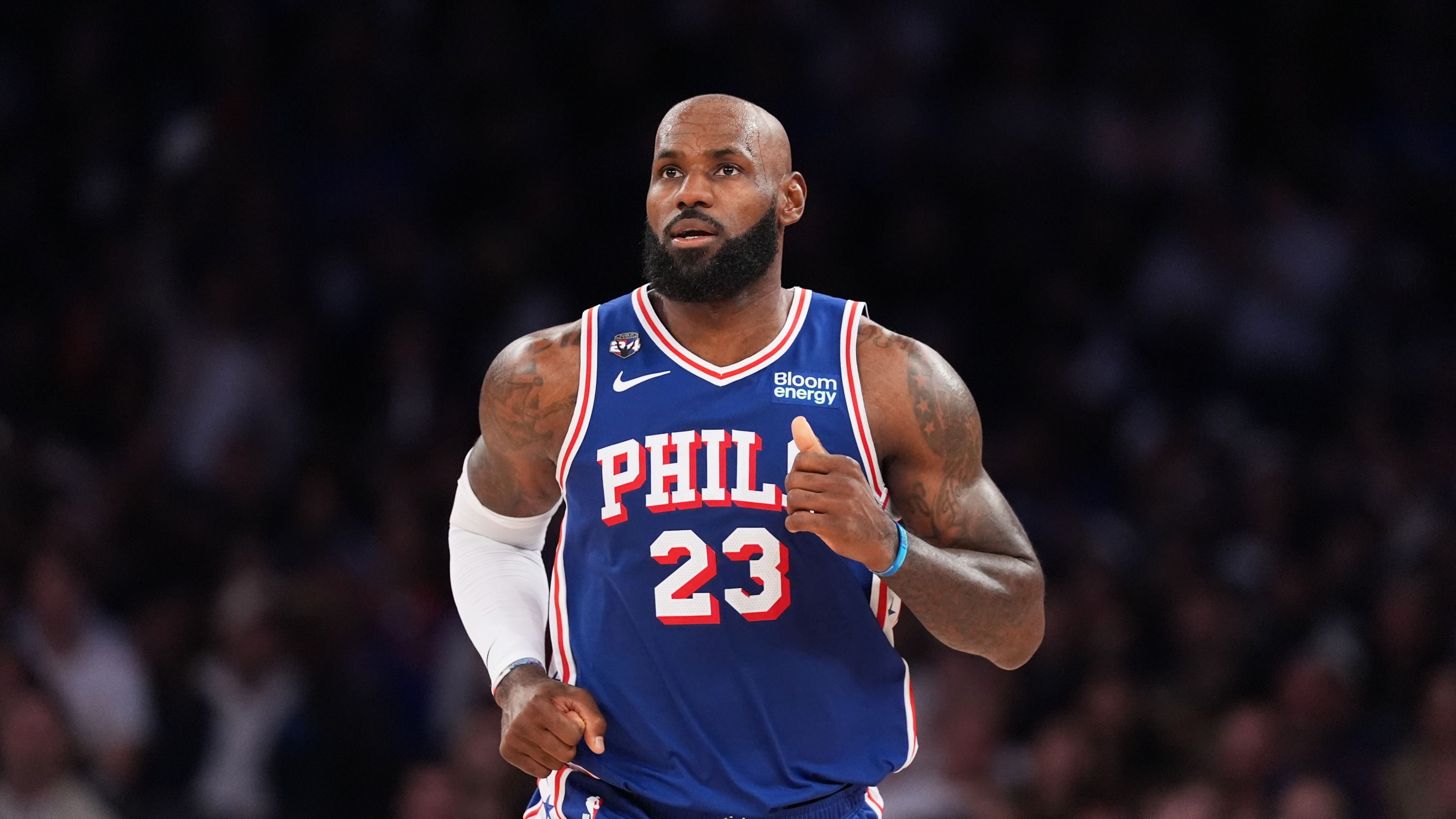 Philadelphia 76ers' LeBron James (23) during the second half of an NBA basketball game against the New York Knicks Tuesday, Oct. 20, 2026, in New York. (AP Photo/Frank Franklin II) Frank Franklin II