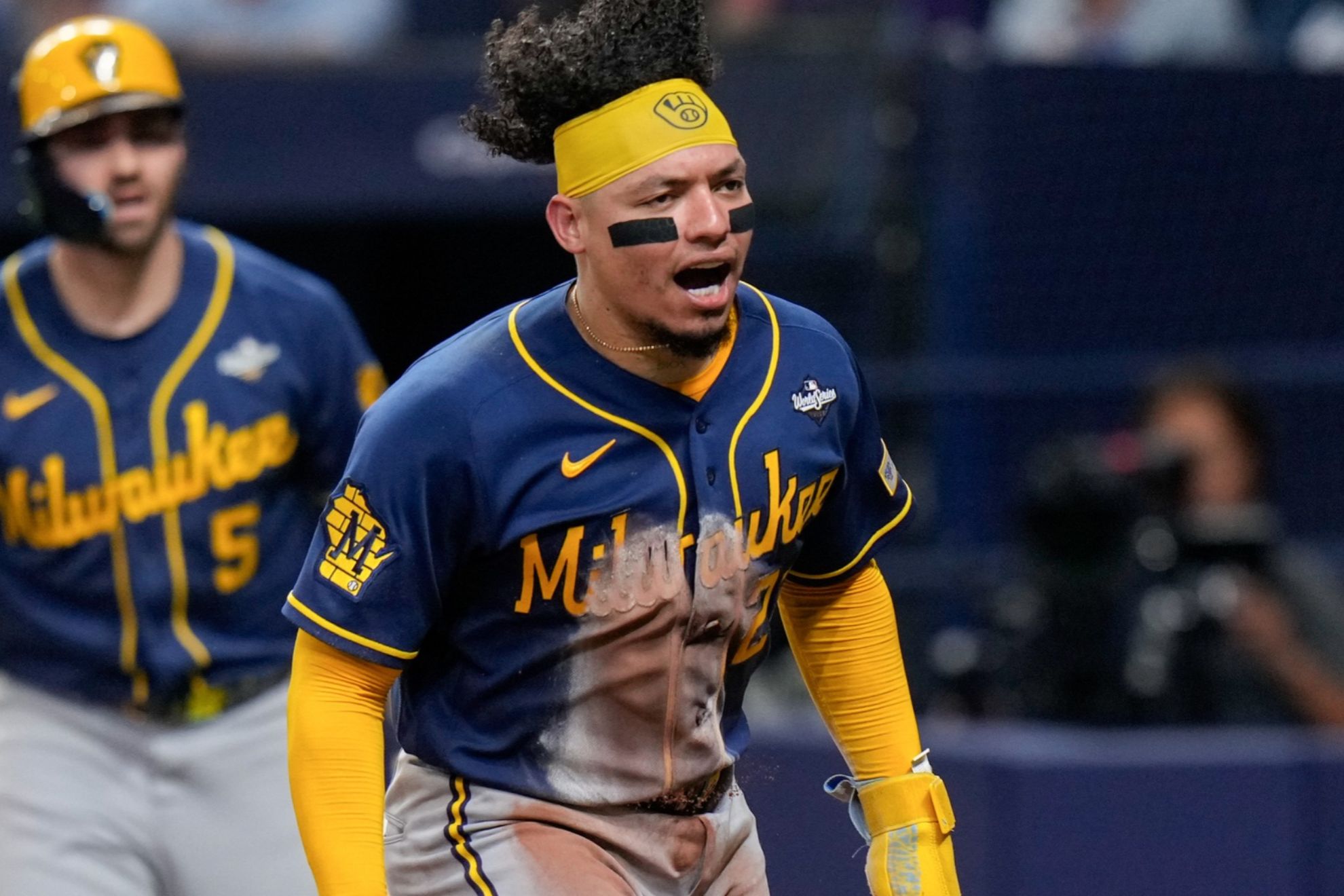 Milwaukee Brewers catcher William Contreras celebrates scoring