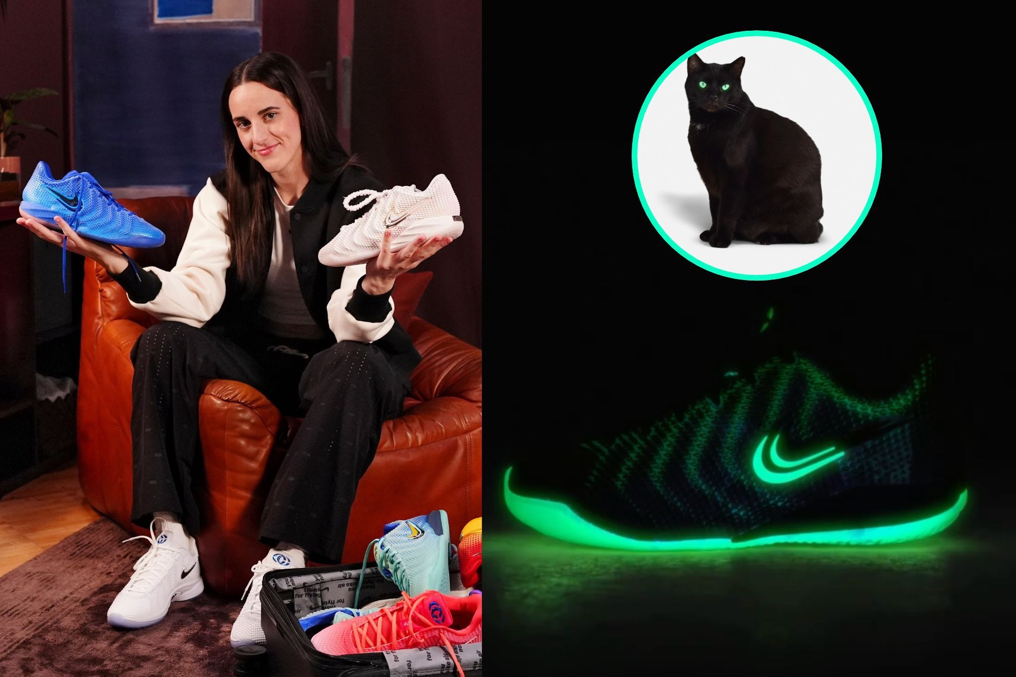 Caitlin Clark with her signature Nike sneakers / Jinx the cat and the signature shoe inspired by him