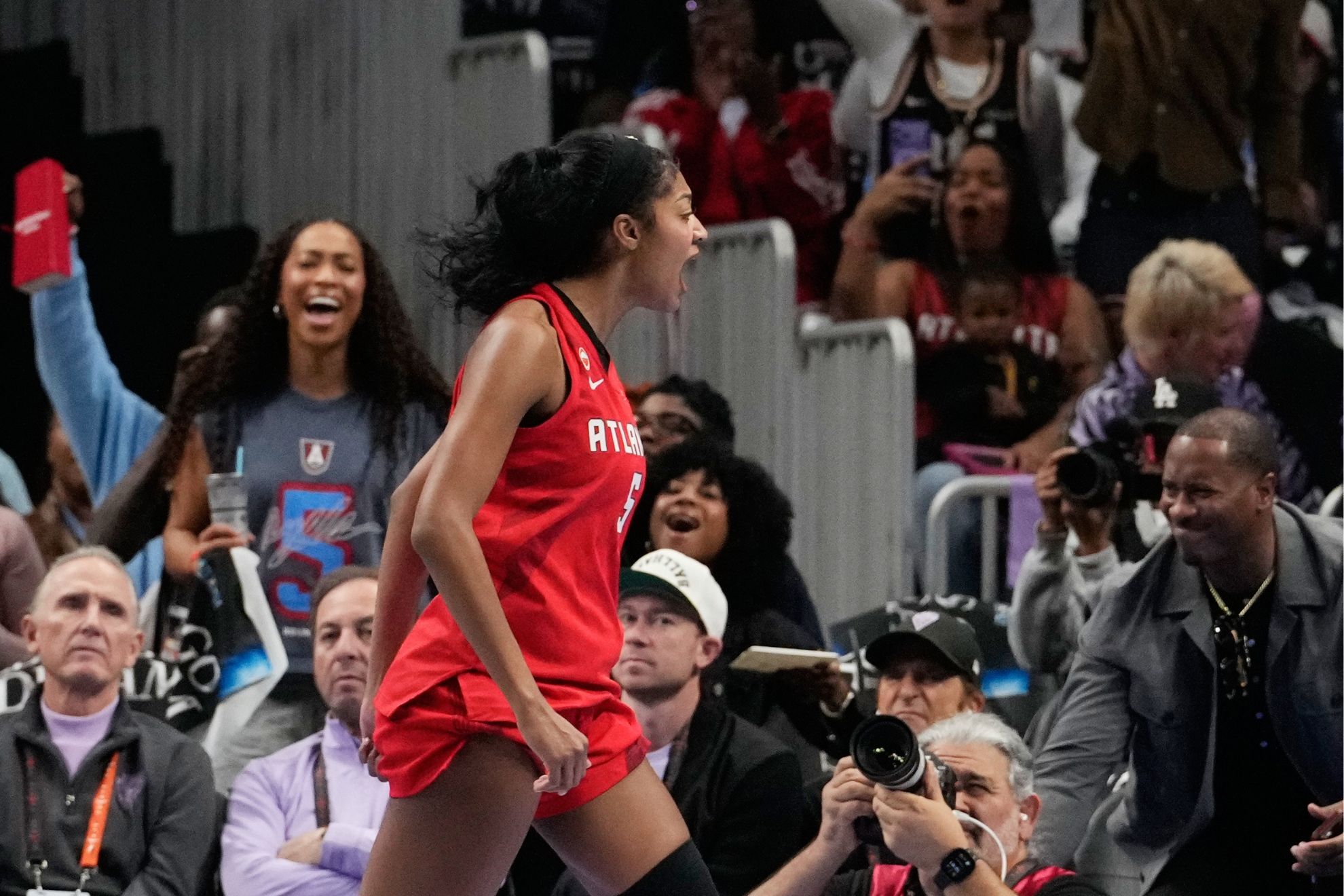 Atlanta Dream's Angel Reese reacts during the first half of Game 6 of the WNBA basketball finals against the Golden State Valkyries